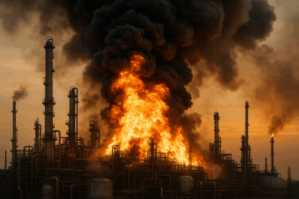 AI-generated image illustrating a burning oil refinery